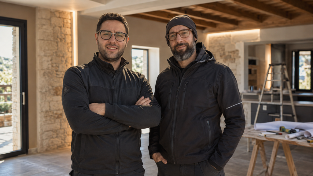Team Edilfima in un cantiere in corso con pareti in pietra e travi a vista