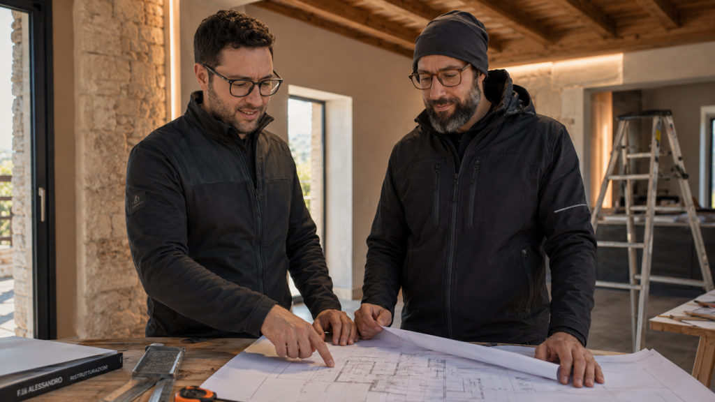 Team Edilfima che esamina disegni tecnici per un progetto di ristrutturazione