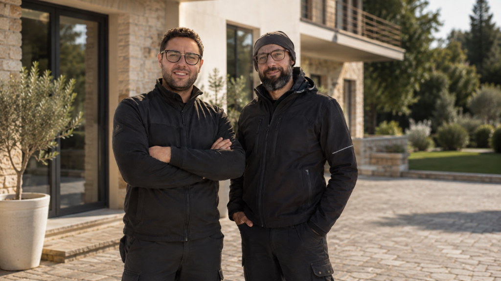 Team Edilfima davanti a una villa ristrutturata con facciata in pietra